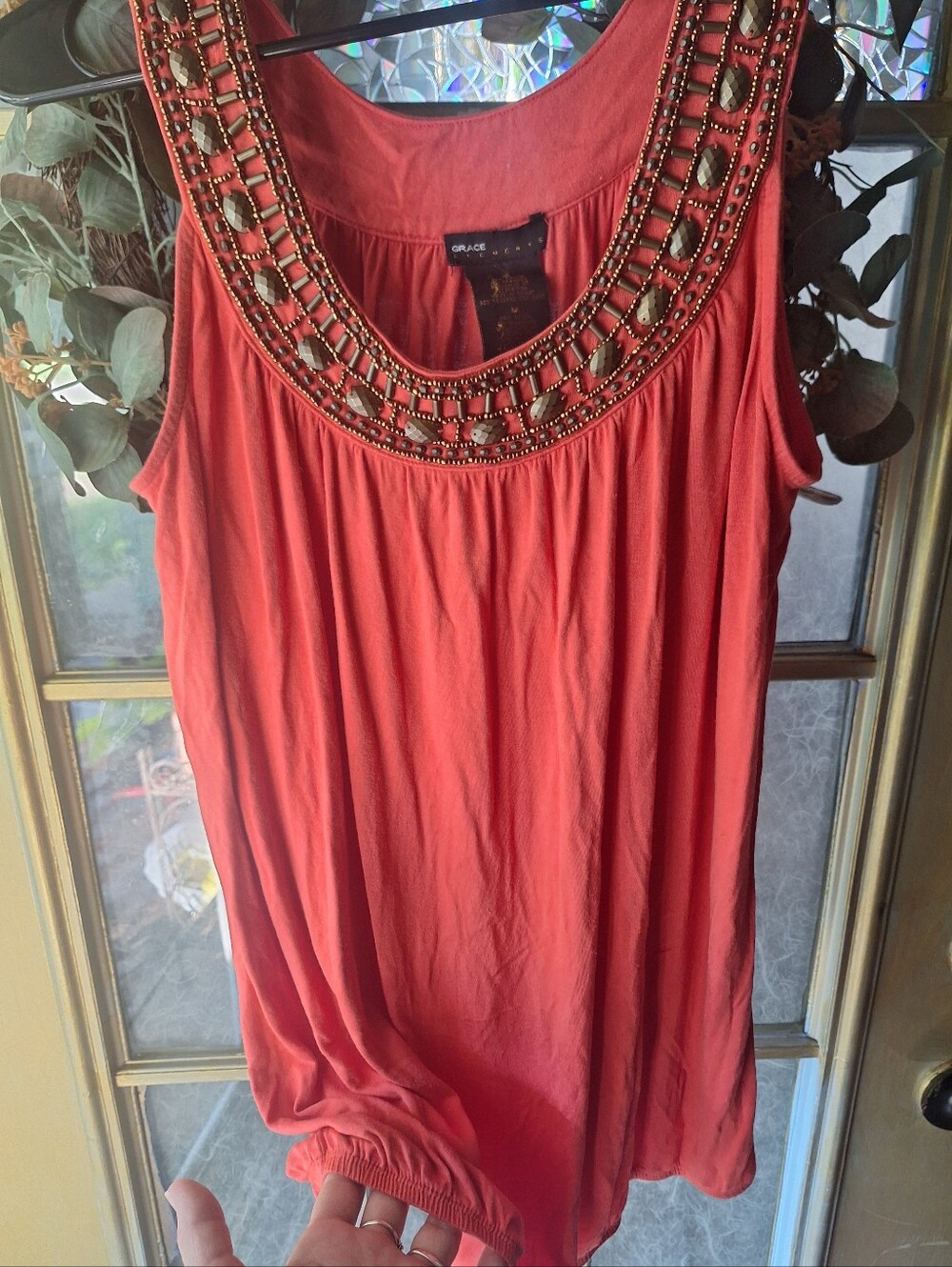 Grace Orange Sleeveless Tank with Beaded Scoop Neck